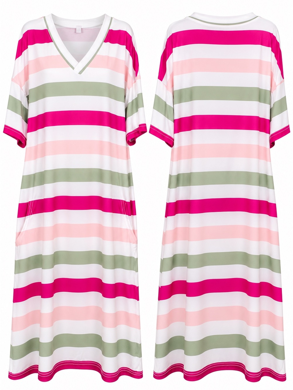 NWOT 2X Pink Sage & White Striped V-Neck Midi Dress with Pockets